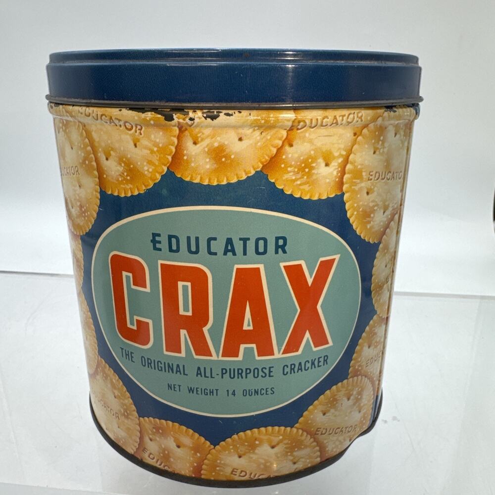 Vintage Educator Crax Cracker Tin 14oz Megowen Lowell MA 1950s Antique Advert